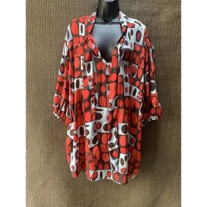 Ashley Stewart Blouse Shirt 30-32‎ Buttonup Red Geo Colorblock Tie Mock Neck Top